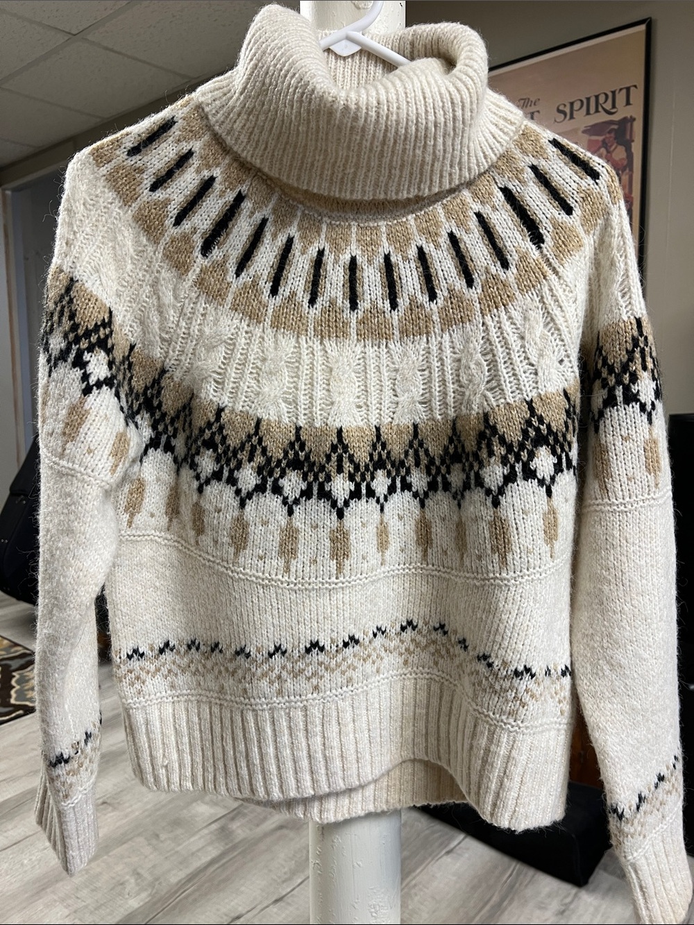 Old Navy Cream Fair Isle Turtleneck Sweater with Tan & Black Accents